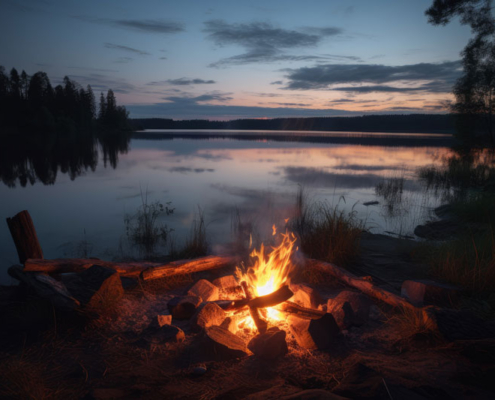 A campfire on the shore of a lake.