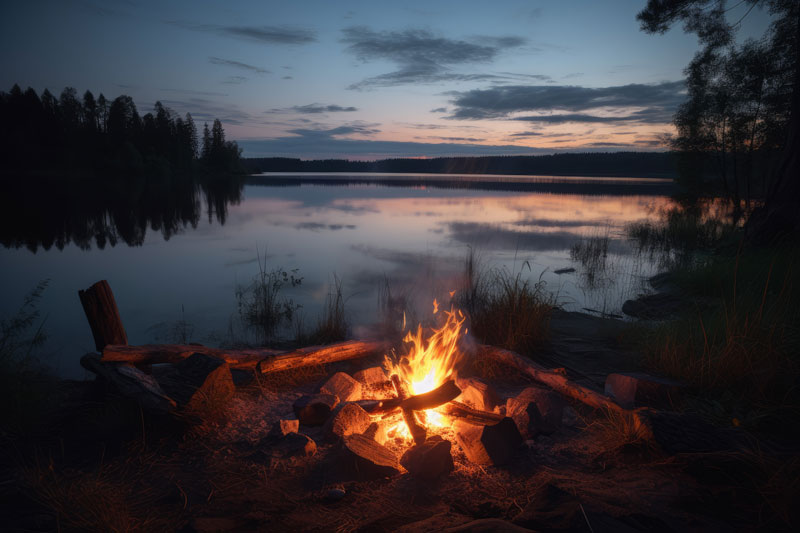 A campfire on the shore of a lake.