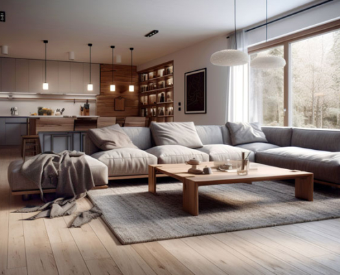 The living room of a house with large windows for natural light.