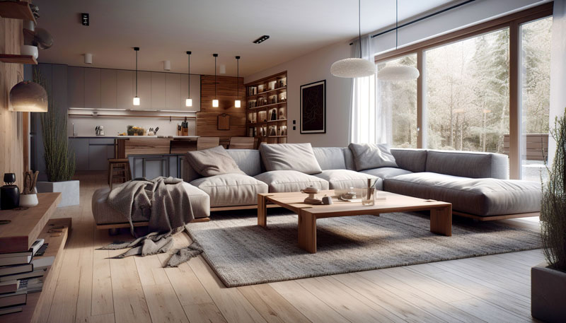 The living room of a house with large windows for natural light.