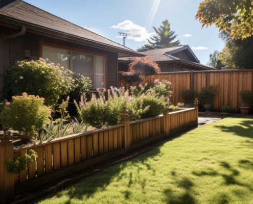 A single-story house with landscaping and a wooden fence.