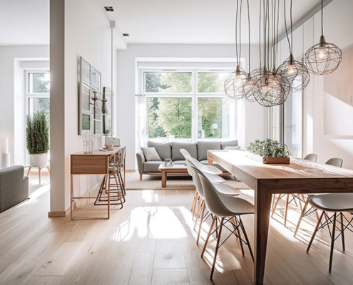 The main floor dining room in an open-concept custom home.