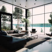 The interior of a lake home with large windows overlooking the water.