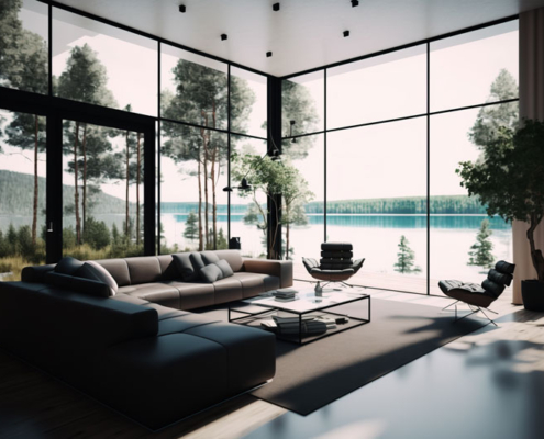 The interior of a lake home with large windows overlooking the water.