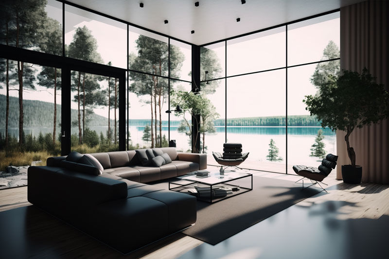 The interior of a lake home with large windows overlooking the water.